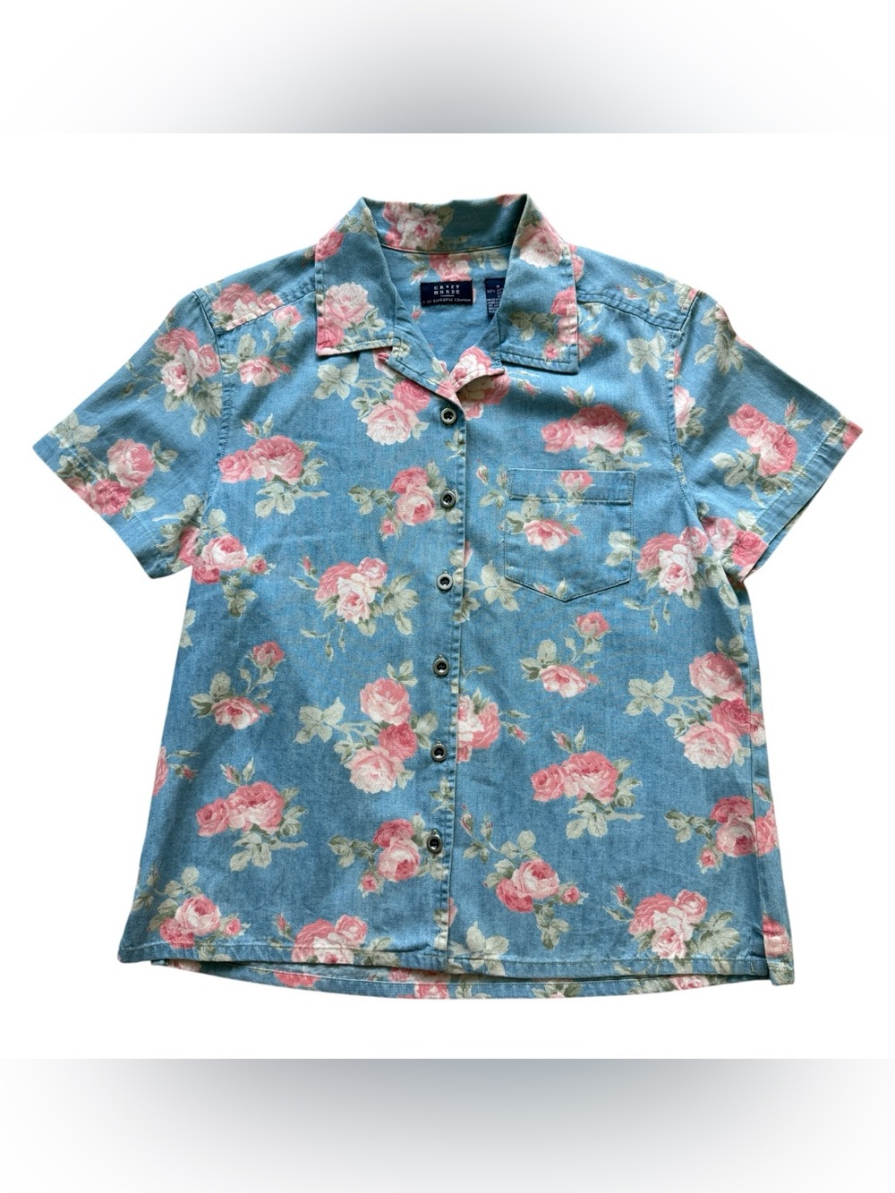 Crazy Horse Floral Button Front Shirt Blue Pink Roses Cottagecore Grunge Y2K M